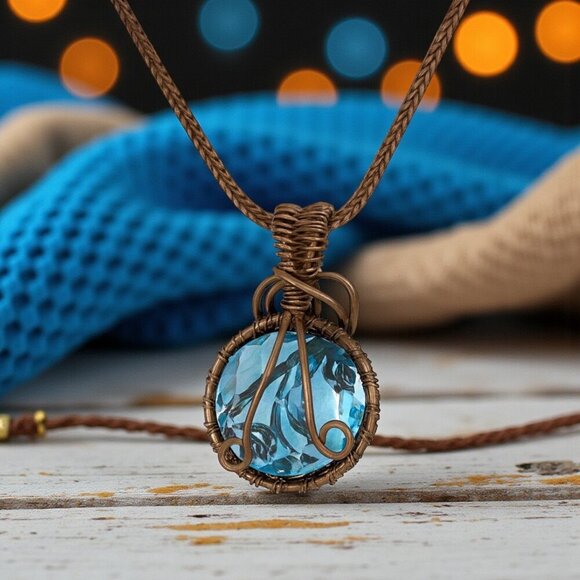 π Boho Chic Genuine Light Blue Quartz Copper Wire Wrapped Pendant Necklace - Picture 9 of 12
